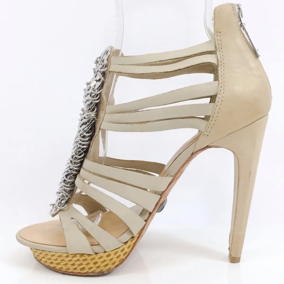 L.A.M.B. Leather Silver Coin Strappy Platform Heels - Picture 8 of 11